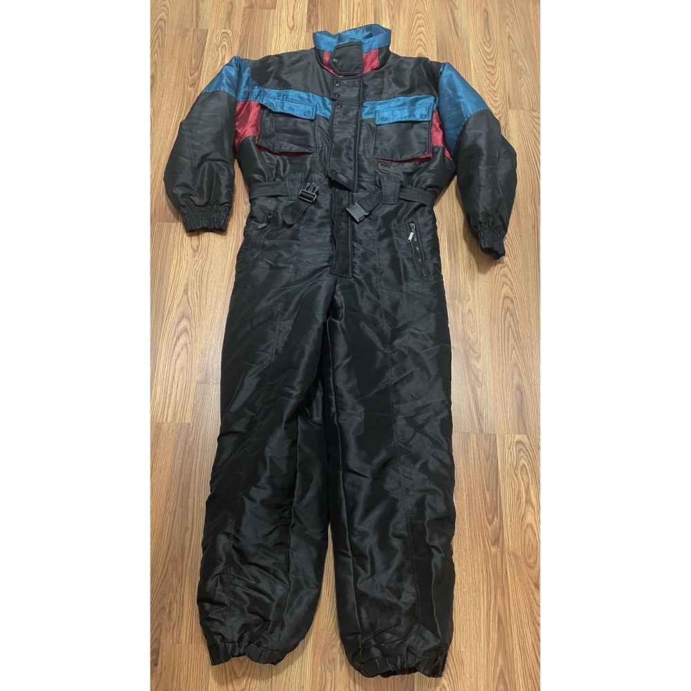 Hot Music Snowsuit Mens Large 90s One Piece Ski Suit Insulated Colorblock Black